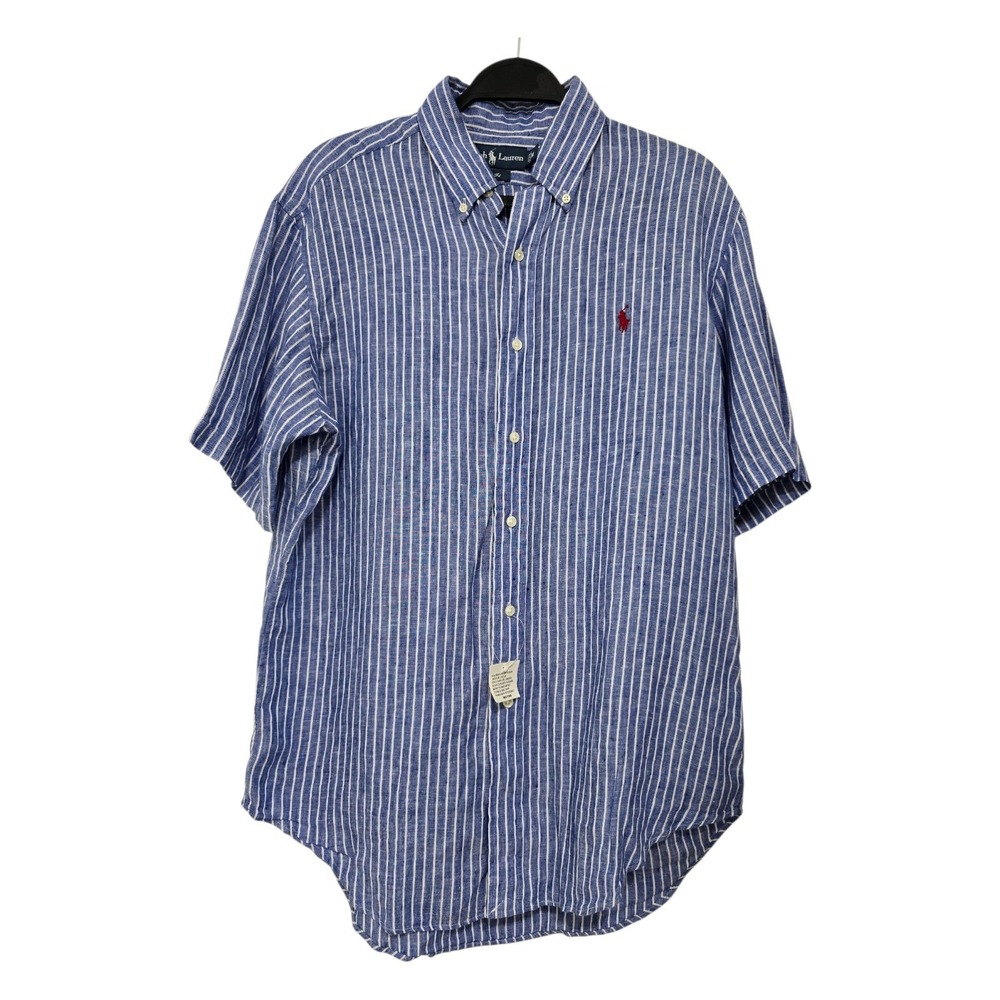 Ralph Lauren Linen Shirt Mens M Blue Striped Short Sleeve Classic Fit Coastal
